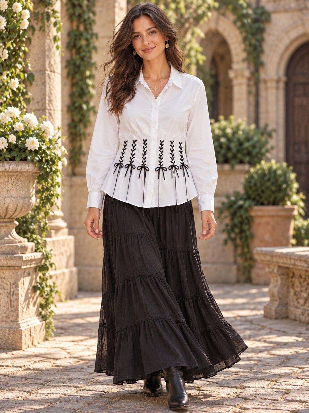 Nanette Lepore White Corset Lace Up Blouse Bows Long Sleeve Renaissance Top LG